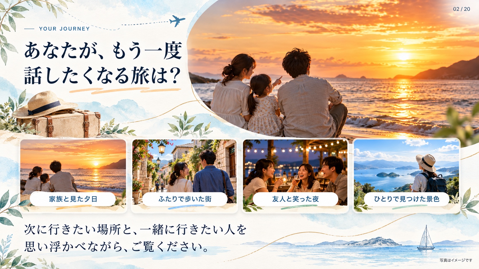 Your Journey あなたが、もう一度 話したくなる旅は？ 家族と見た夕日 ふたりで歩いた街 友人と笑った夜 ひとりで見つけた景色 次に行きたい場所と、一緒に行きたい人を 思い浮かべながら、ご覧ください。 写真はイメージです