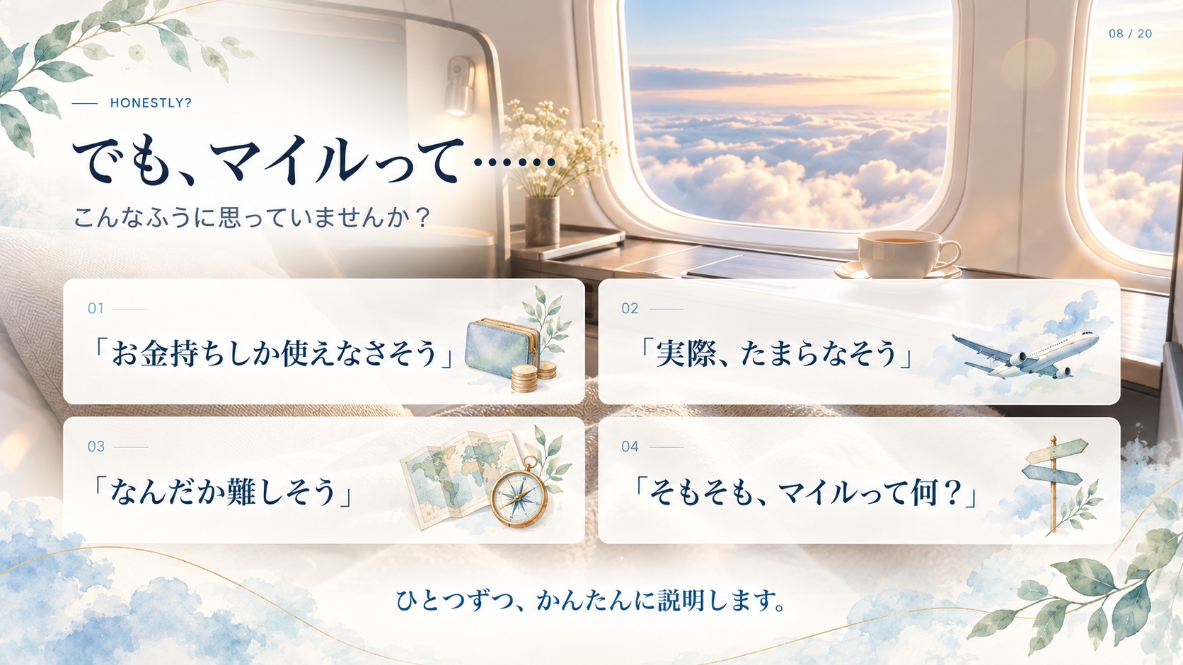 Honestly? でも、マイルって…… こんなふうに思っていませんか？ 01 「お金持ちしか使えなさそう」 02 「実際、たまらなそう」 03 「なんだか難しそう」 04 「そもそも、マイルって何？」 ひとつずつ、かんたんに説明します。