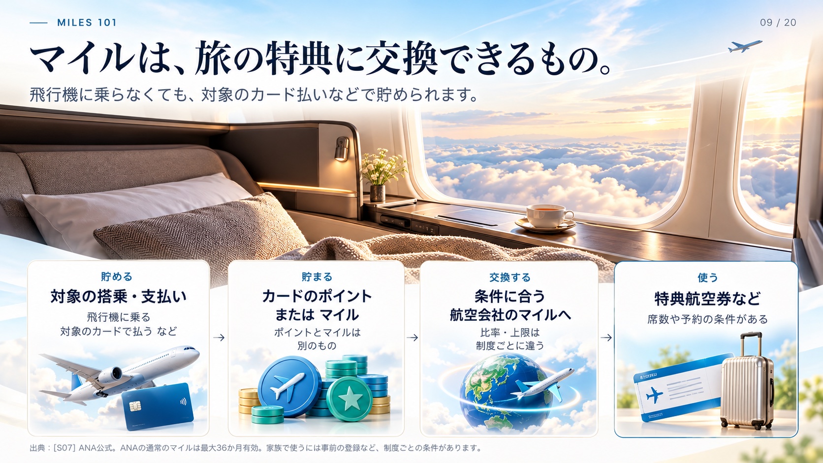 Miles 101 マイルは、旅の特典に交換できるもの。 飛行機に乗らなくても、対象のカード払いなどで貯められます。 貯める 対象の搭乗・支払い 飛行機に乗る 対象のカードで払う など → 貯まる カードのポイント または マイル ポイントとマイルは 別のもの → 交換する 条件に合う 航空会社のマイルへ 比率・上限は 制度ごとに違う → 使う 特典航空券など 席数や予約の条件がある 出典：[S07] ANA公式。ANAの通常のマイルは最大36か月有効。家族で使うには事前の登録など、制度ごとの条件があります。