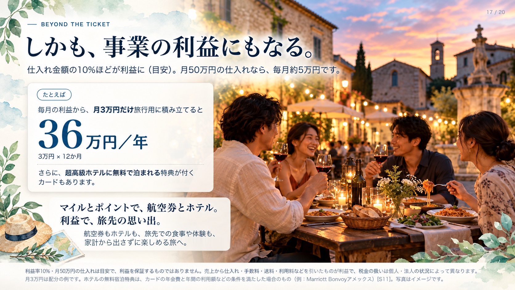 Beyond The Ticket しかも、事業の利益にもなる。 仕入れ金額の10%ほどが利益に（目安）。月50万円の仕入れなら、毎月約5万円です。 たとえば 毎月の利益から、 月3万円だけ 旅行用に積み立てると 36 万円／年 3万円 × 12か月 さらに、 超高級ホテルに無料で泊まれる 特典が付くカードもあります。 マイルとポイントで、航空券とホテル。 利益で、旅先の思い出。 航空券もホテルも、旅先での食事や体験も、 家計から出さずに 楽しめる旅へ。 利益率10%・月50万円の仕入れは目安で、利益を保証するものではありません。売上から仕入れ・手数料・送料・利用料などを引いたものが利益で、税金の扱いは個人・法人の状況によって異なります。月3万円は配分の例です。ホテルの無料宿泊特典は、カードの年会費と年間の利用額などの条件を満たした場合のもの（例：Marriott Bonvoyアメックス）[S11]。写真はイメージです。